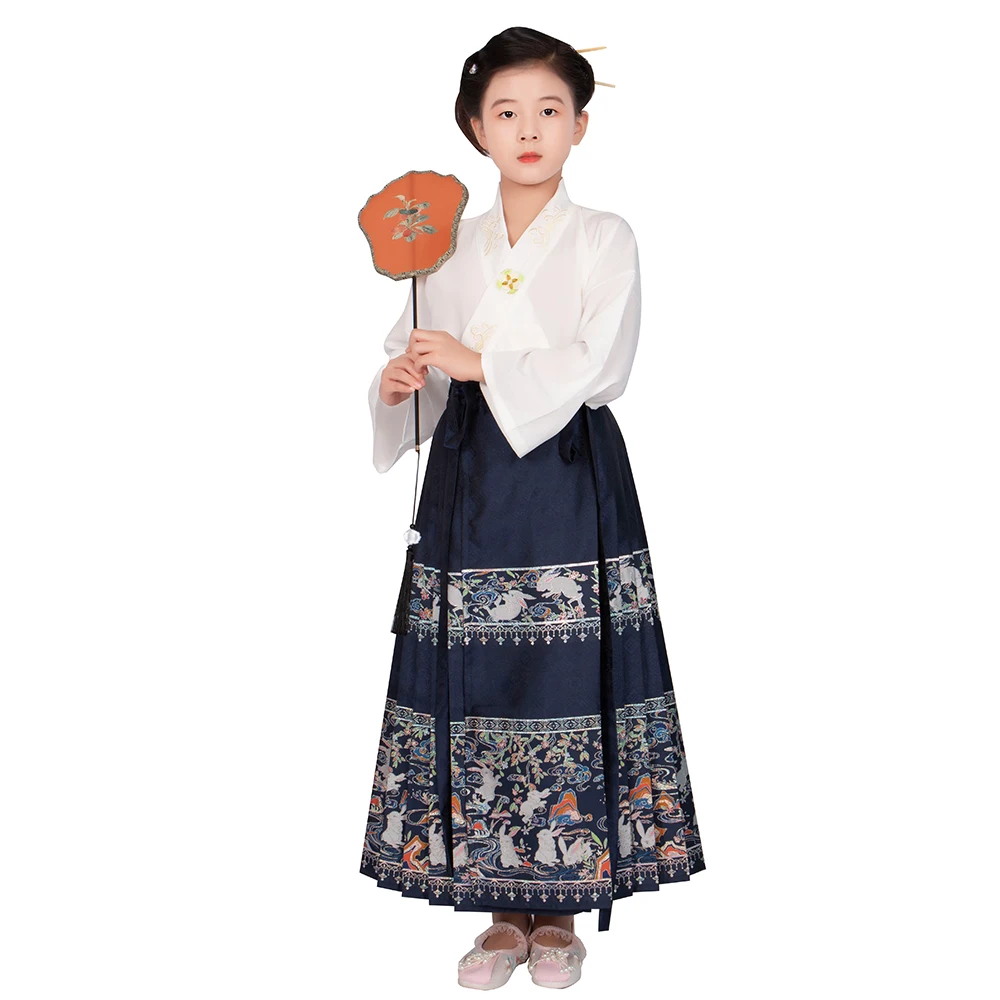 

Китайская династия Мин, темно-синяя юбка с изображением лошади Hanfu для девочек, детская Студенческая Униформа Hanfu, Повседневное платье Hft092