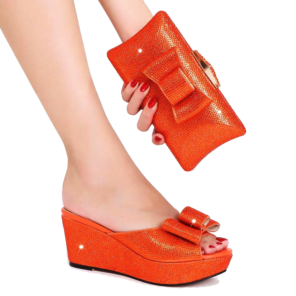 

2022 New Shoes And Bags For Nigerian Wedding Parties Phone Bag Ladies Summer Women Sandals Rhinestone Heels Shoes With Platform