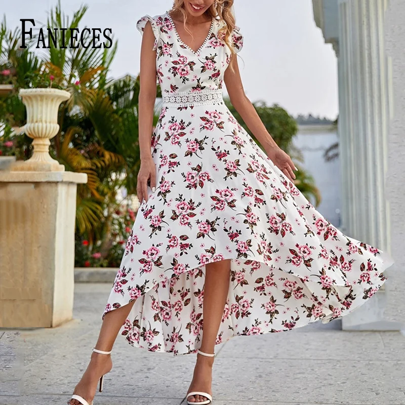 

FANIECES Women Flower Print Summer Dresses Elegant Lace V Neck Sleeveless Maxi Dress Loose Big Swing A-line Holiday Vestido Robe