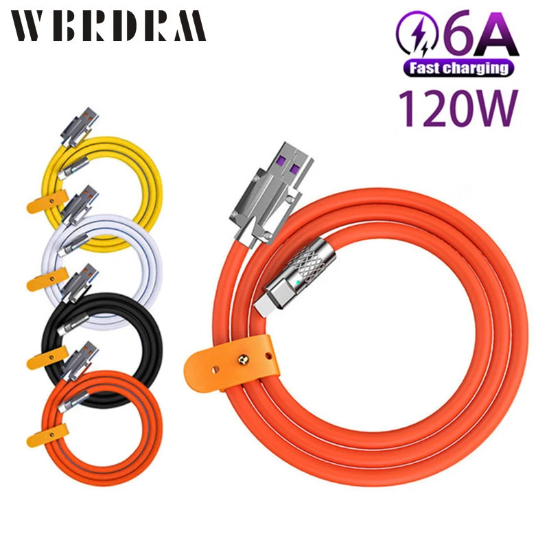 Соединительный кабель из цинкового сплава, 120 Вт, 6 А, USB Type-C, жидкий силикон, 6,0 толстый провод для быстрой зарядки iPhone, Xiaomi, Huawei, Samsung, линия передачи данных