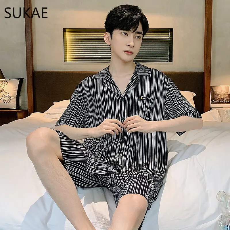 SUKAE Summer Modal Cardigan Sleepwear for Man Fashion Man's Casual Turn-down Collar Shorts Chic Design Boys Pijamas Homewear Set
