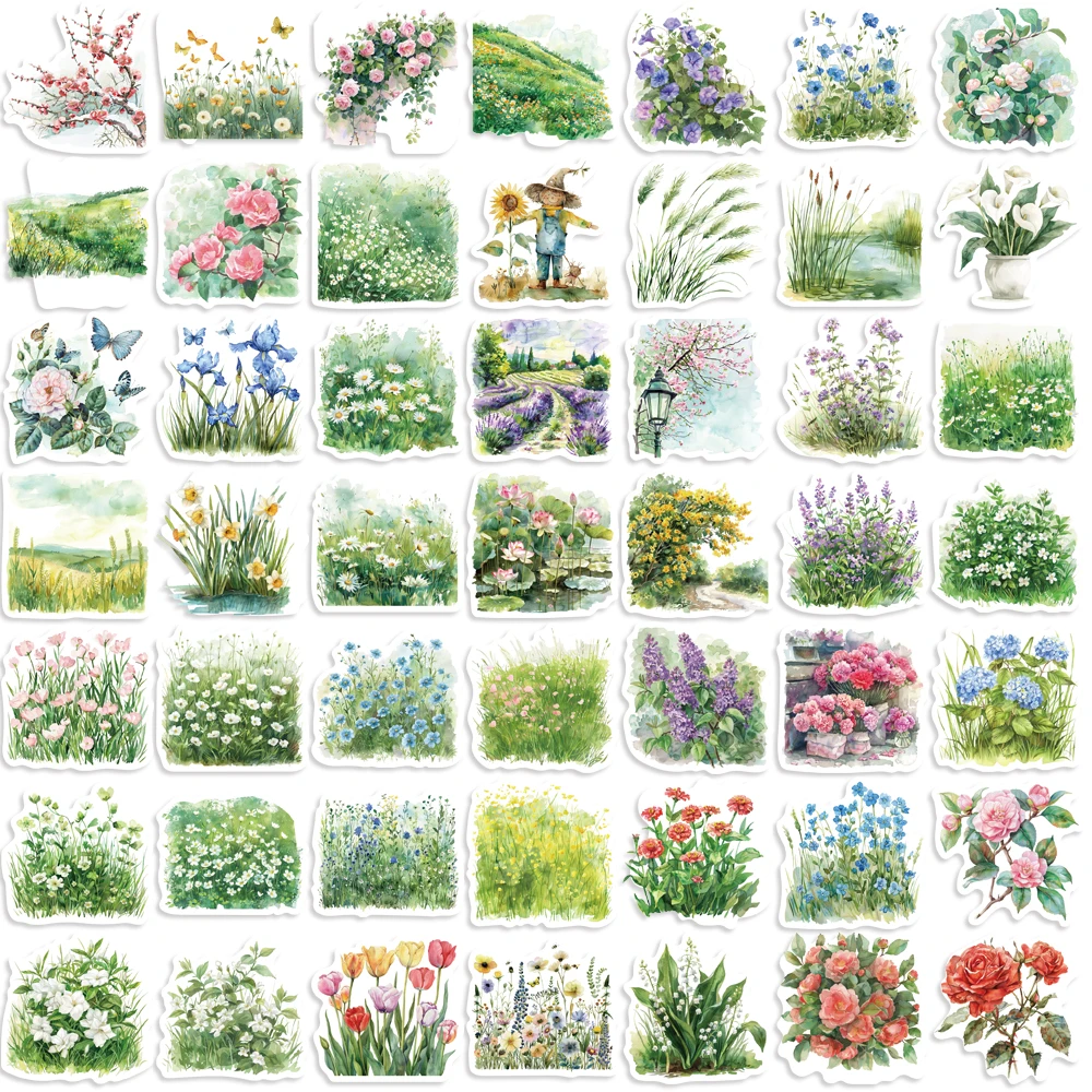 Акварельные летние цветочные наклейки 50 шт