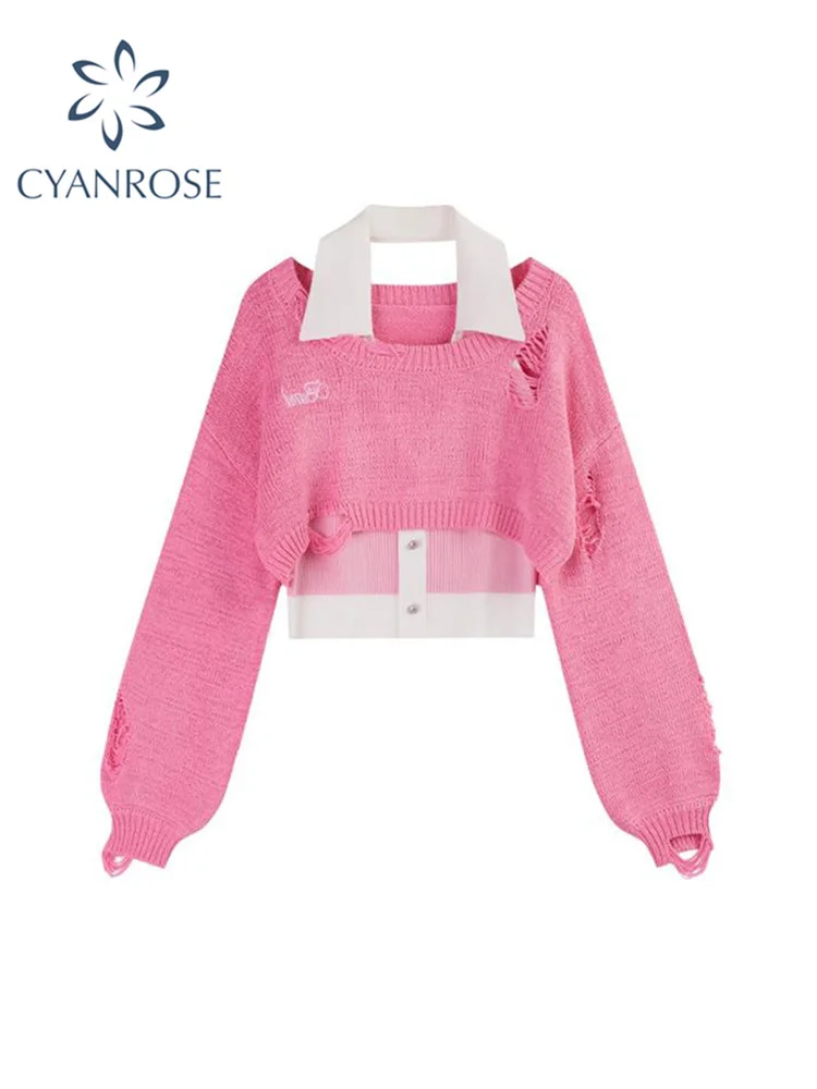 

Y2k Korean Style Fake Two-Piece Sexy Halter Sweater Baggy T-shirt Women's Autumn 2023 Long Sleeve Harajuku Crop Sweater Tops