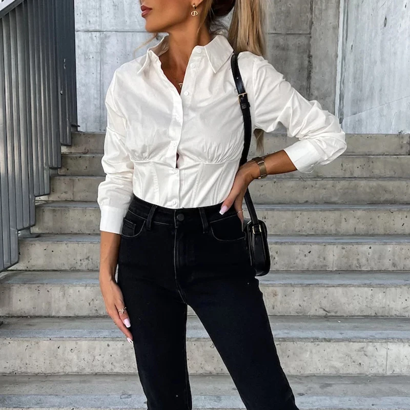 

Fall Elegant Slim Fit Short Shirt Women Fashion Turn-down Collar Button Blouse Spring Office Casual Long Sleeve Solid Tops Blusa
