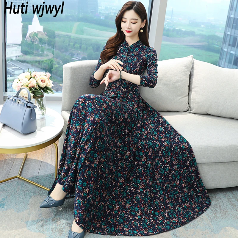 

2023 Spring Autumn Floral Long Sleeve Dresses Korean Casual Vintage Party Maxi Vestidos Women Elegant Bodycon Office Lady Dress