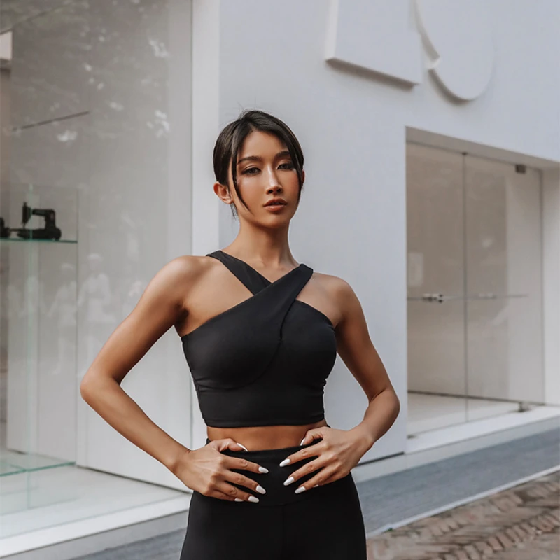 Lulu New Fitness Sport Bra Sexy Solid Color High-Intensity Open Cross Back Yoga Underwear Athletic Stretchy Workout Gym Crop Top