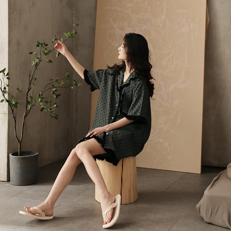 Lace Purple Woman Home Wear Summer Short Sleepwear Set 2 Pieces Black Color Pyjamas Pj Set Designer Pajamas