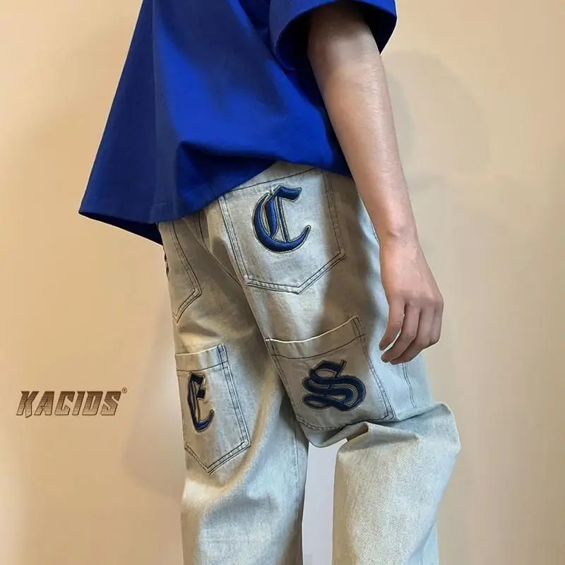

Джинсы y2k мужские с вышивкой дырками, свободные уличные брюки в стиле хип-хоп для уборки, индивидуальные Прямые повседневные модные штаны