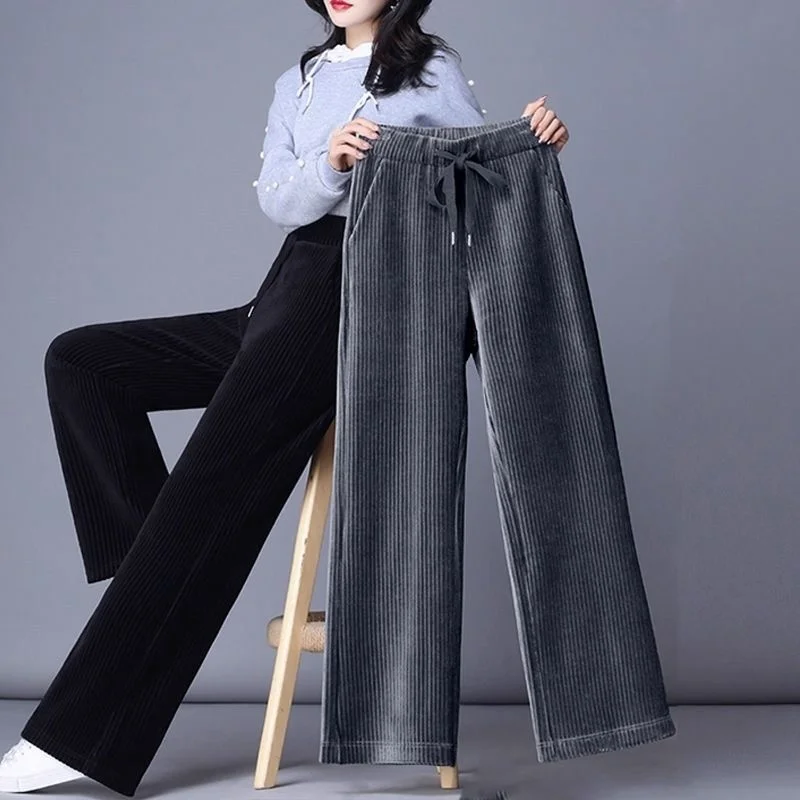 

2023 Winter Corduroy Thicken Loose Wide Leg Pants Pockets High Waist Solid Elastic Lace-up Casual Oversize Women Straight Trouse