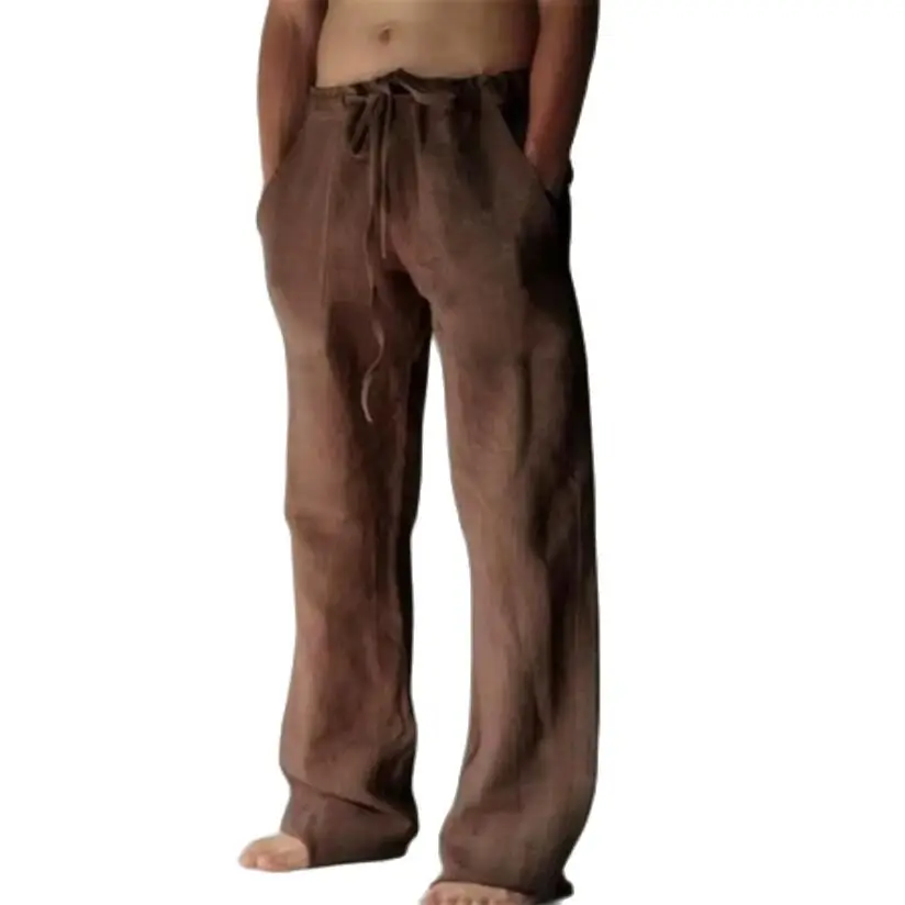 

Брюки мужские из хлопка и льна, Повседневные Дышащие однотонные свободные штаны с завязками, с карманами, спортивные штаны с широкими штанинами