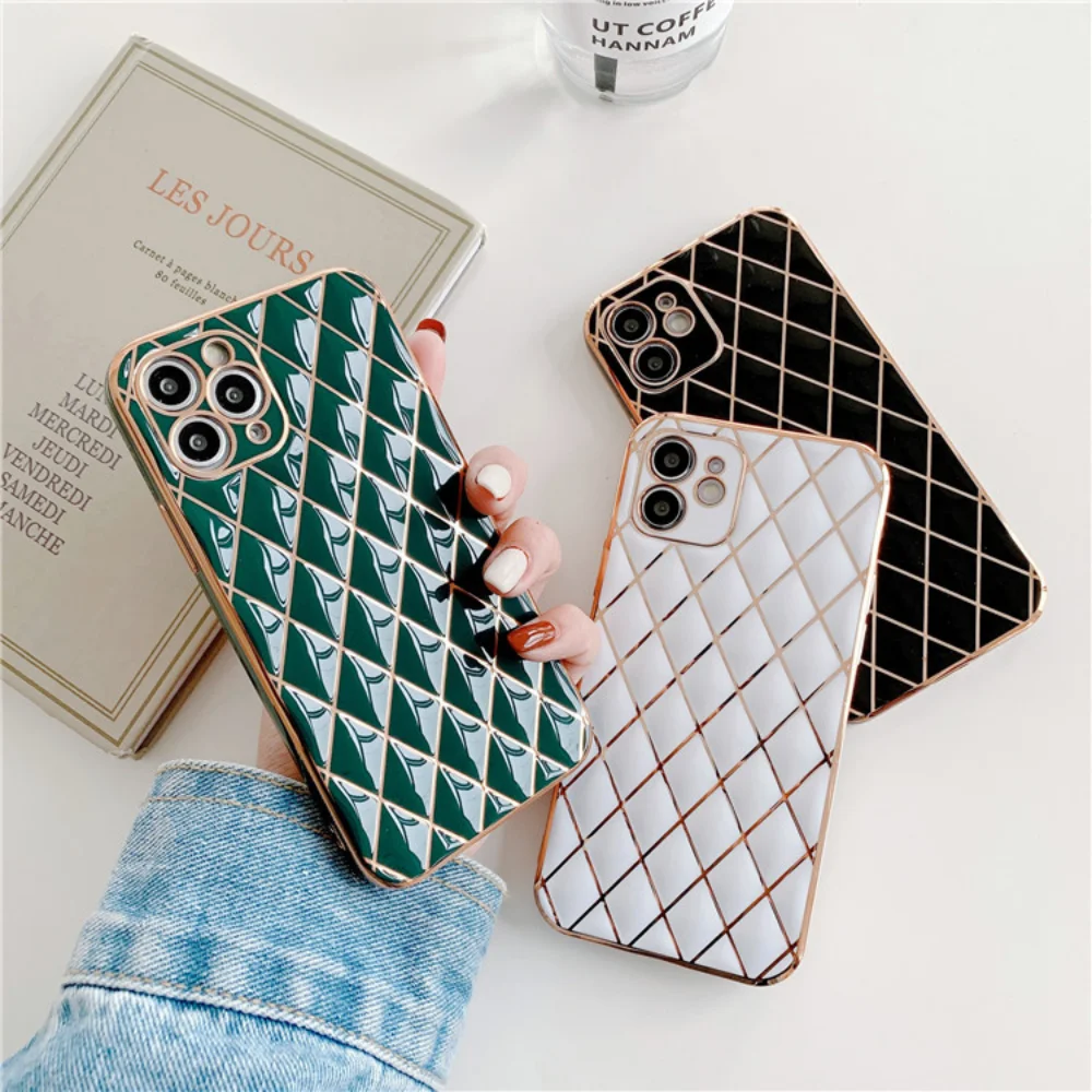 

Diamond Lattice Texture Phone Case for IPhone14 Plus 13 Mini 12 11 Pro X XS XR Electroplated 6D Lambskin Fall-proof