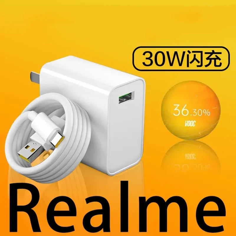 30W Realme Super VOOC/Dart Charger 5V6A EU/US Fast Charge Adapter 6A Type-C Cable For Realme 9 8 7 6 Pro 8i X2 V25 OPPO R17 A96