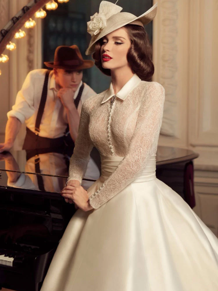 

Vintage Ivory Wedding Dress A Line Floor Length Bridal Gowns Turndown Lapel Buttons Lace Full Sleeves Satin Robe De Mariee
