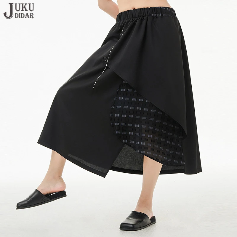 

New Autumn Woman Casual Wear Long Black Gray Printed Skirt Elastic Waist Bright Line Japanese Style Holiday Unique Skirt YMSK001