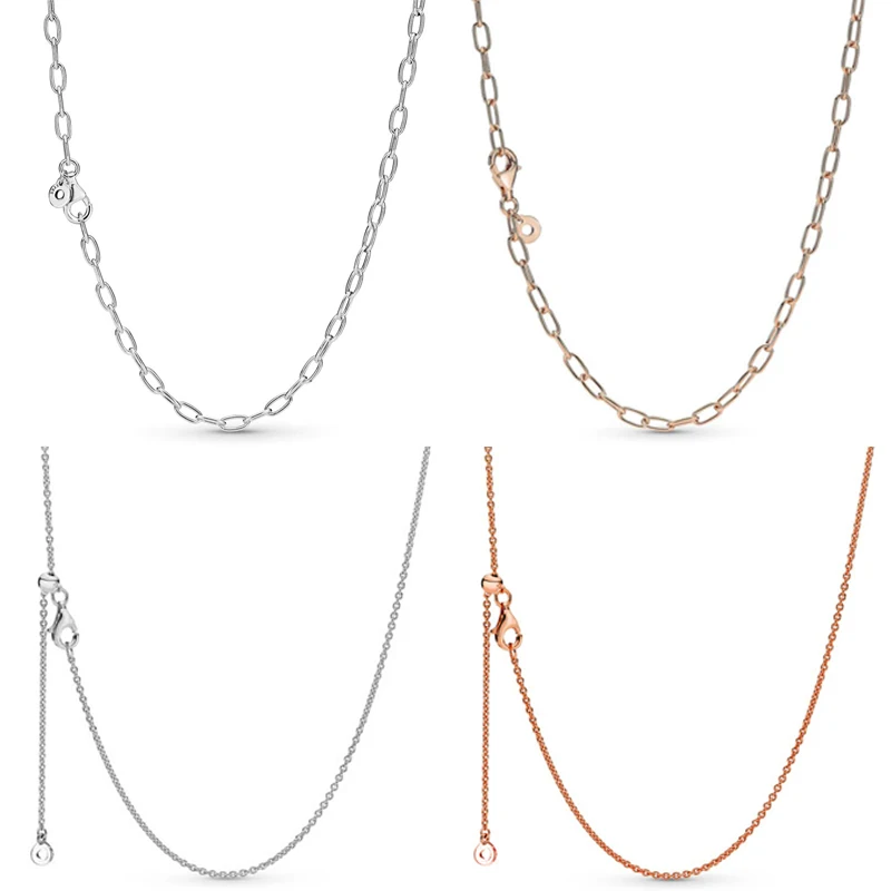 

Rose Gold Logo Signature Sliding Clasp Link Chain Basic 925 Sterling Silver Necklace For Fashion Bead Charm DIY Jewelry