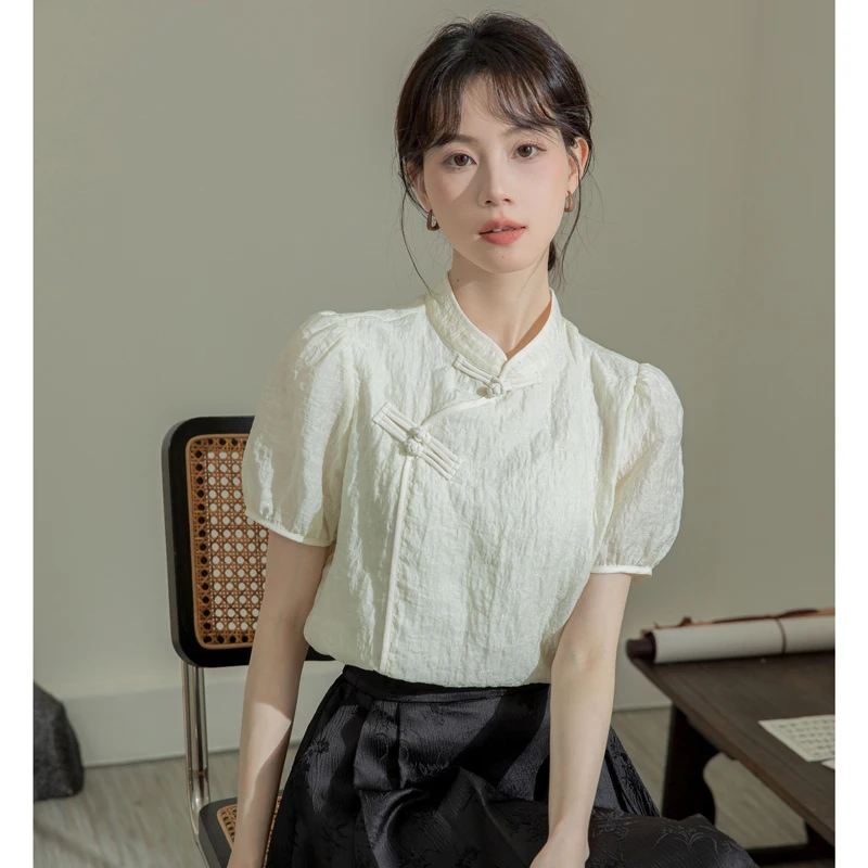 Женская летняя Модная приталенная Однотонная рубашка в китайском стиле с