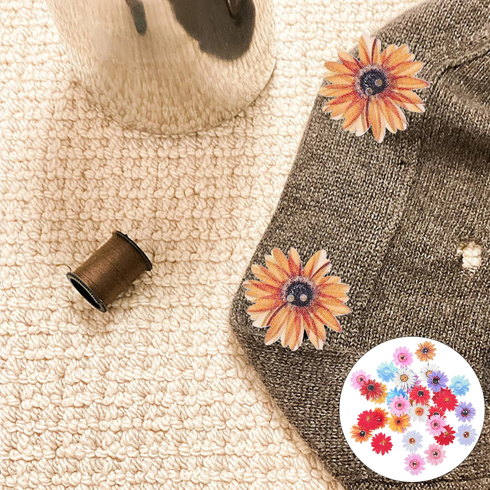 

50 Pcs Sunflower Clothes Buttons Clothing Sewing Painted Decorative Wooden Crafts DIY Modeling Replacement