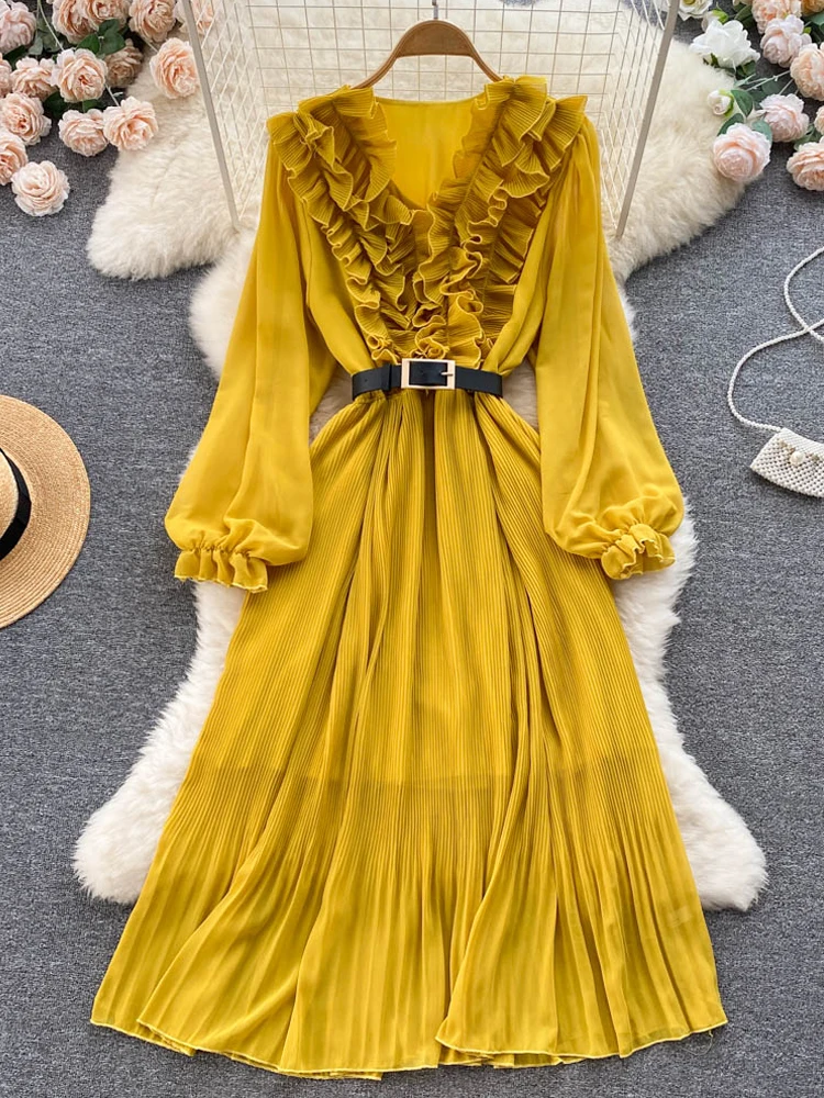

YuooMuoo Luxury Ruffled V-neck Long Sleeve 2022 Autumn Women Dress Elegant Solid Two Layers Chiffon Pleated Dress Vestidos