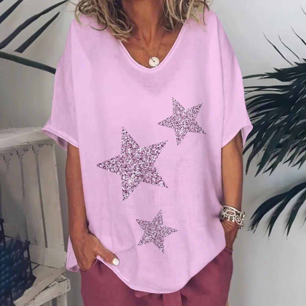 

New Summer Women's T-shirt V-neck Short Sleeve Flower Print Casual Retro Fashion Versatile T-shirt Original Night Loose Fit