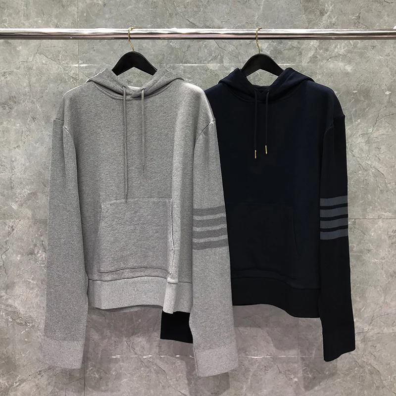 

Classic Cotton Sweatshirt Spring Autunm Brand Coats Loopback Knitted Ribbed Sleeves Tonal 4-Bar Stripe Pullover Hoodie