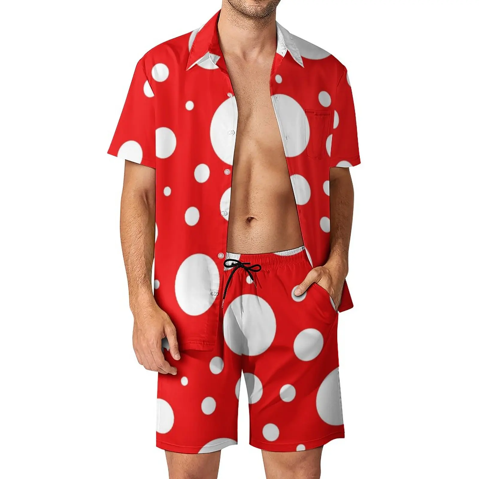 

Мужские комплекты для отпуска в красный и белый горошек, повседневный комплект рубашки в стиле Kusama Yayoi, летние дизайнерские шорты, Забавный костюм из двух предметов