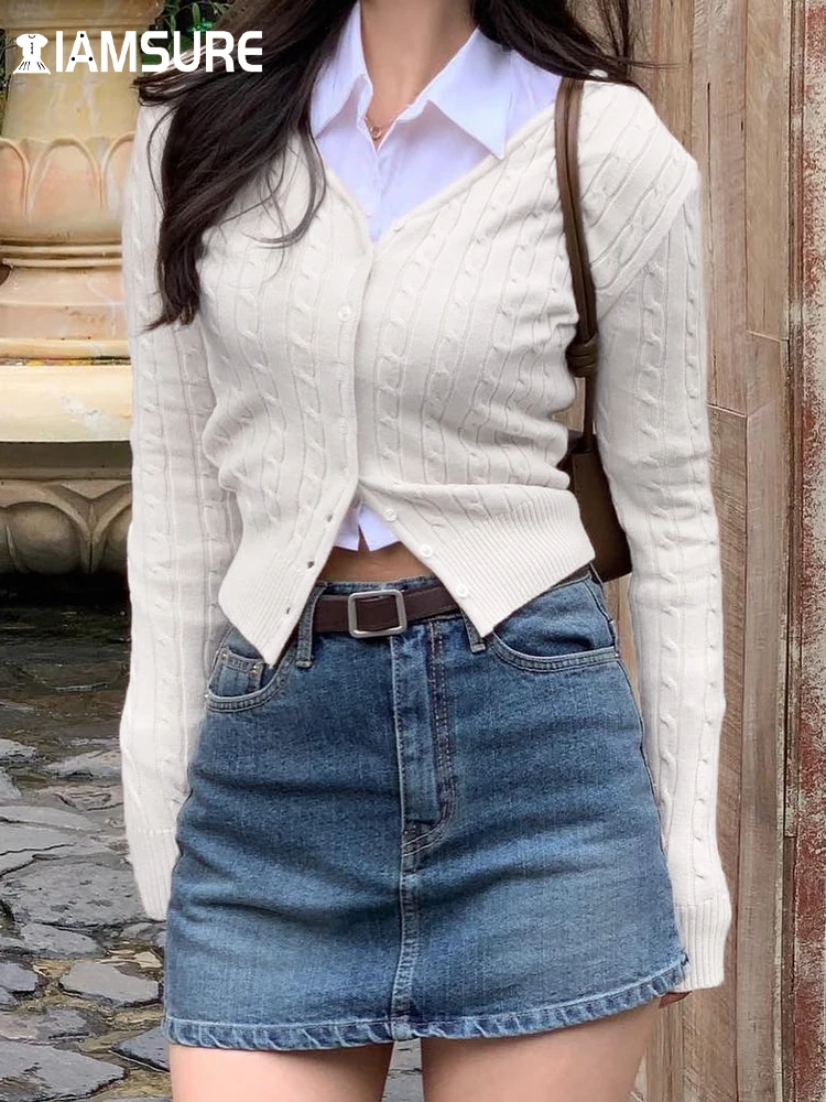 

IAMSURE Casual Solid Knitted Twist Pullovers Basic Slim V-Neck Long Sleeve Tees Women 2023 Autumn Winter Fashion Sstreetwear