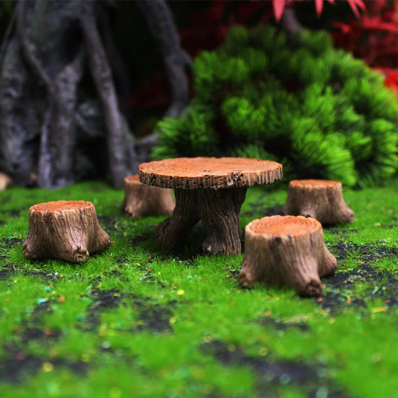 

5pcs Simulation Wooden Table Chairs Micro Landscape for Gardening Moss Ornaments Resin Crafts Desktop Home Dollhouse Decoration
