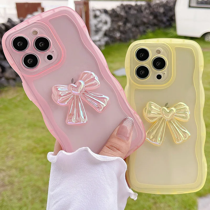 

Kawaii bow Shockproof Wavy Border Transparent Soft Phone Case for iphone 13 12 11 Pro Max X XR XS 7 8 SE2022 Soft Cover