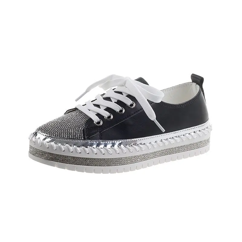 Comemore Spring Fashion Bling Lace Up Ladies Casual Comfortable Round Toe Platform Sneakers White Shoes Women Crystal Shoe 2023