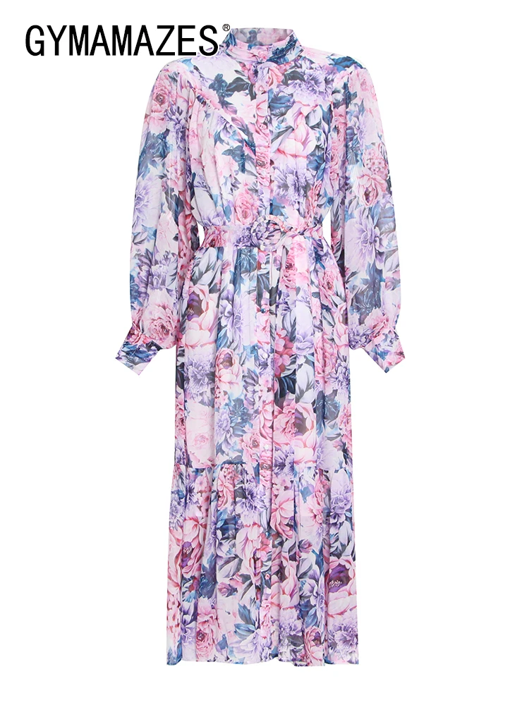 

GYMAMAZES Casual Print Midi Dress For Women Stand Collar Long Sleeve High Waist Colorblock Loose Dresses Female Fashion Clothing