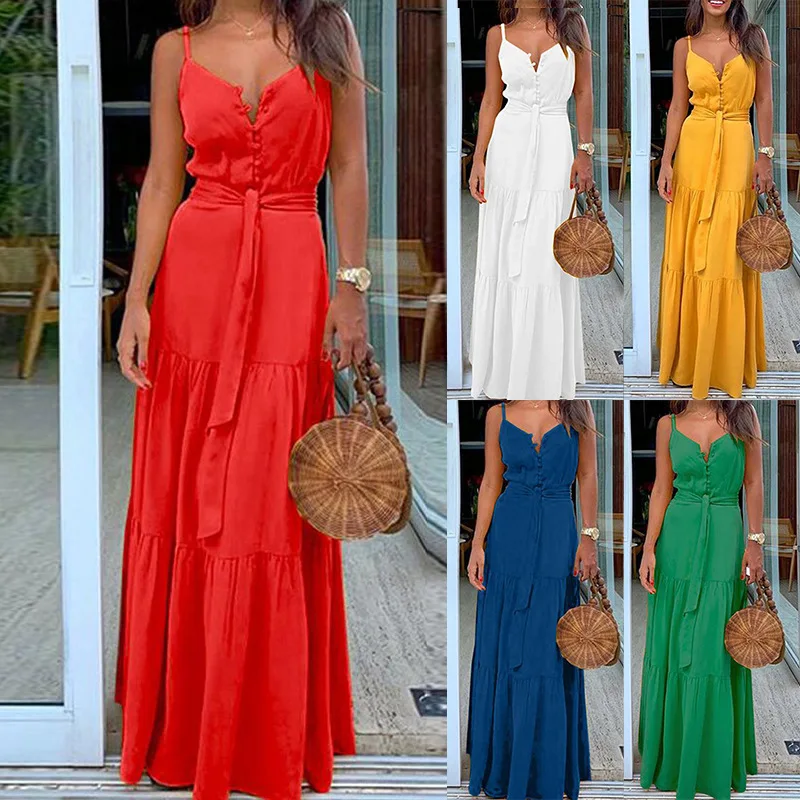 

Модный женский Повседневный ремень для отпуска, в богемном стиле, модное платье без рукавов с V-образным вырезом и высокой талией, корсет, однобортное длинное платье с поясом