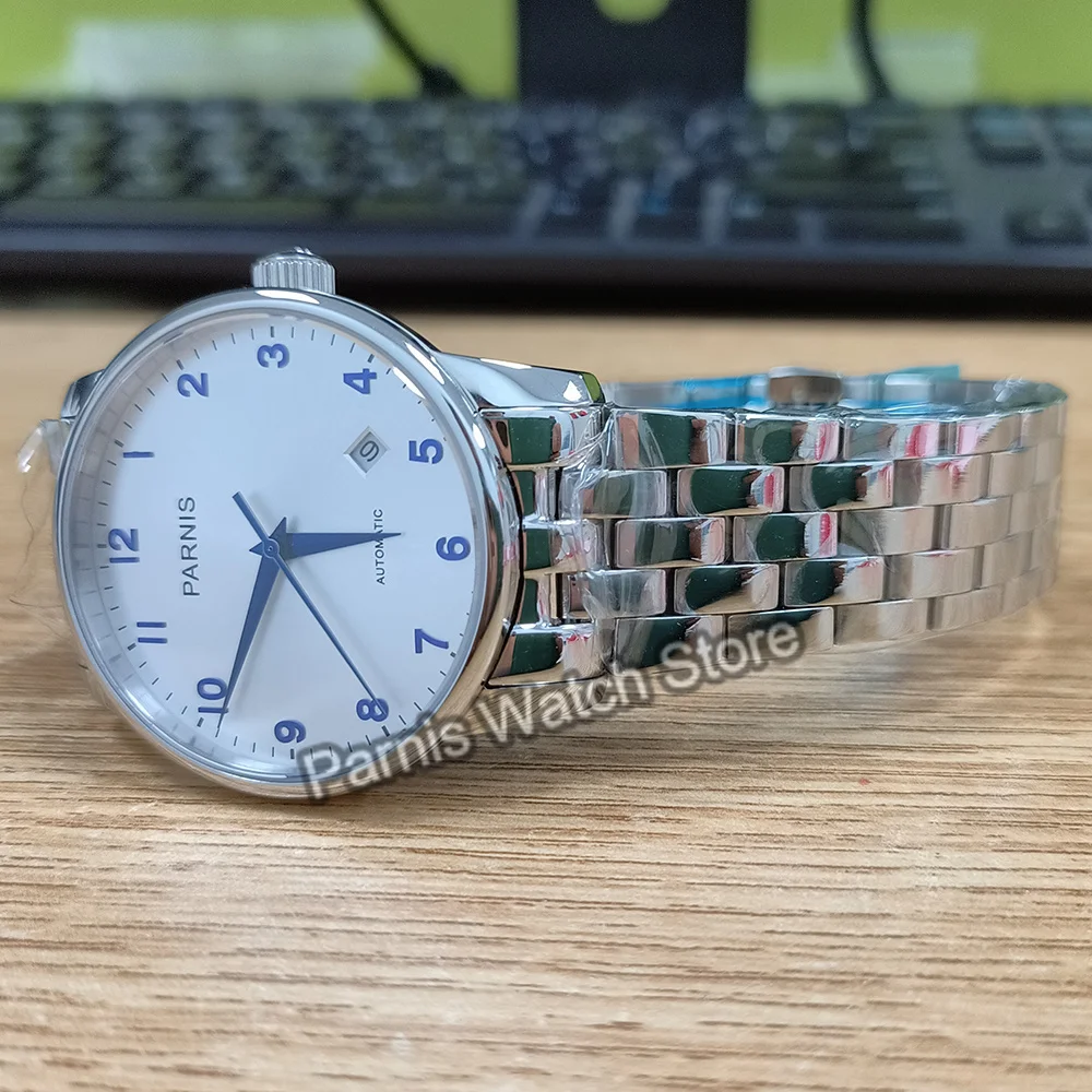 Автоматический белый циферблат Parnis 38 мм Miyota821A голубые знаки мужской