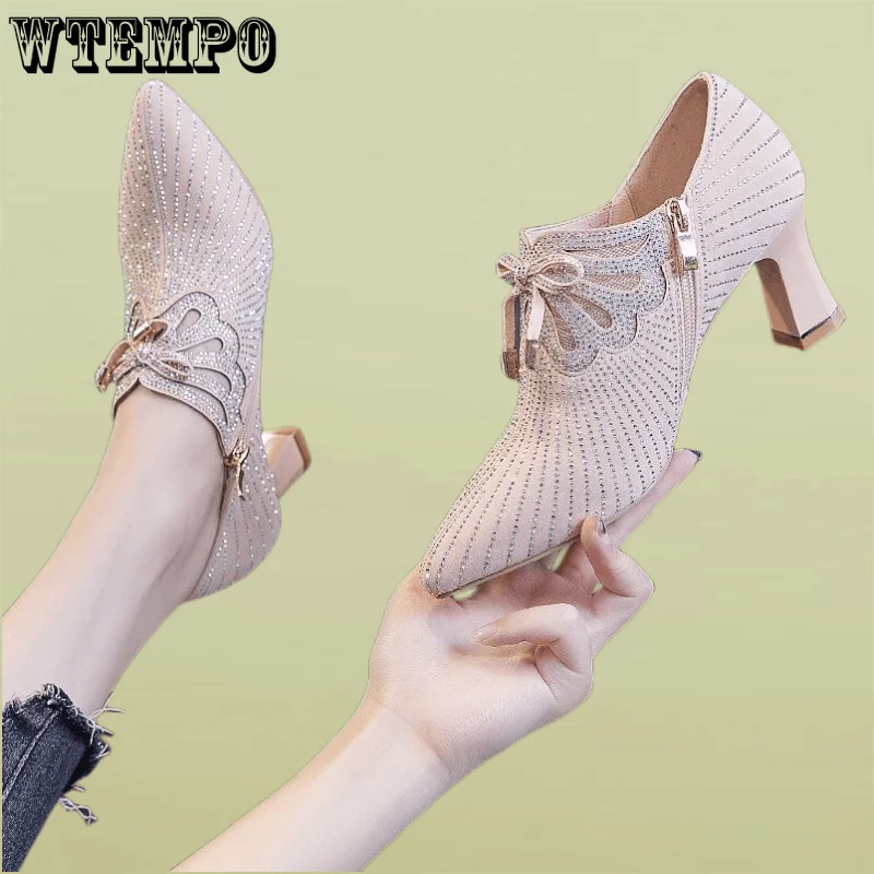 WTEMPO Women 6.5cm High Heels Sandals Crystal Bowknot Sexy Glitter Rhinestones Shoes Slip on Pumps Wholesale Dropshipping