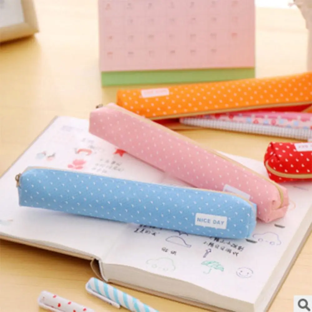 

3 Pcs Cute Candy Color Pencil Case Kawaii Dot Canvas Pen Bag Stationery Pouch For Girls Gift Office School Supplies
