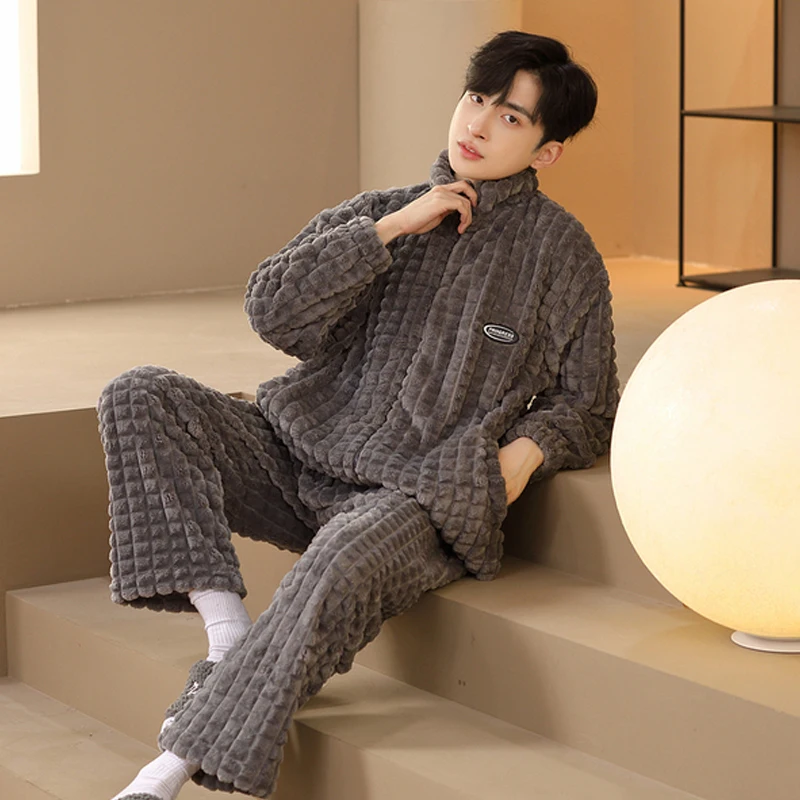 QUHENG Winter Pajamas for Men Thick Plush Fleece Autumn Pajama Sets  Coral Velvet Warm Flannel Clothes Home Suit Male Sleepwear