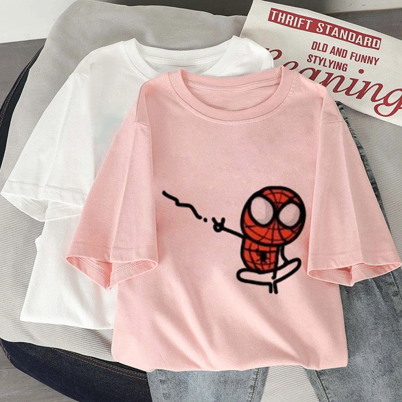 Spiderman Kawaii Print T-shirt Women Blusas Harajuku Aesthetics Pink Tops Tshirt Tee 2022 New Summer Fashion Y2k Female T Shirt