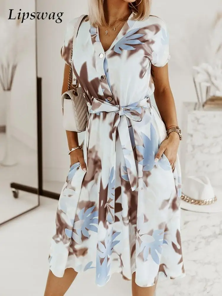 

New Women V-Neck Graphic Print Dress Summer Casual Short Sleeve Button Holiday Midi Dress Fashion Female Elegant Belt Dress Robe