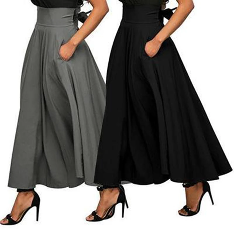 

New Elegant Fashion Women High Waist Flared Pleated Long Skirts Gypsy Maxi Skirt +Pockets 4 Sizes Long Skirt SKirts Womens