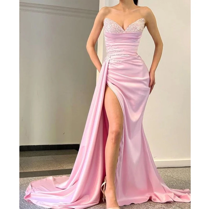 

Pink Sexy Off Shoulder Sleeveless Evening Dresses Gowns 2023 Mermaid Beaded Luxury For Woman Party Dresses