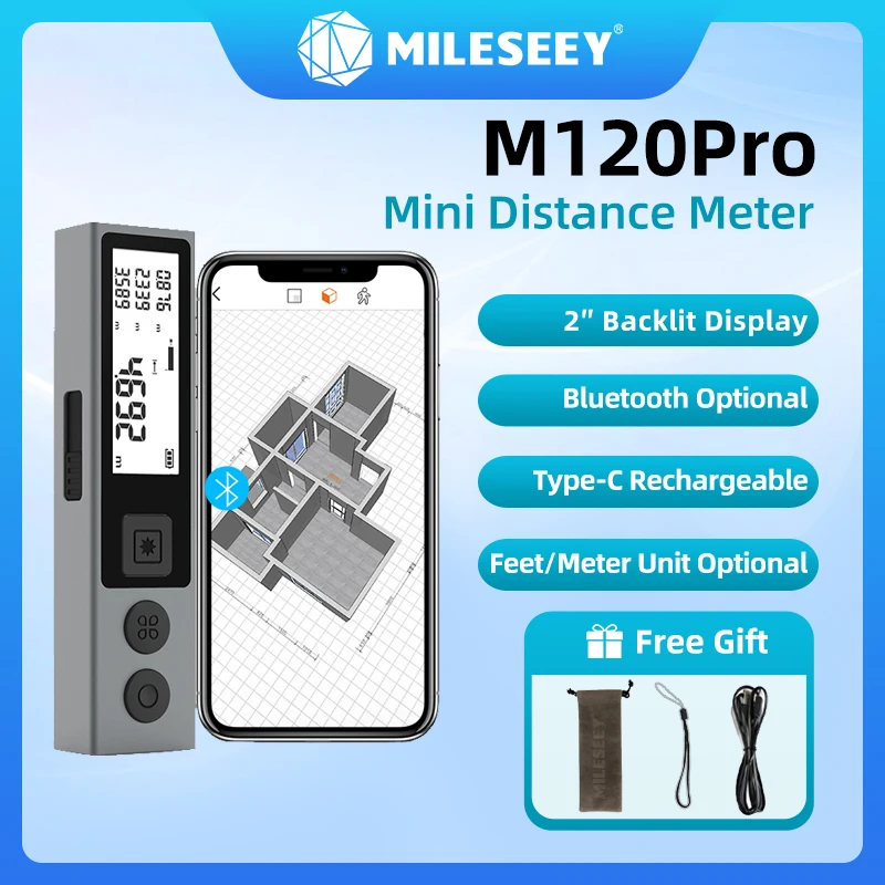 Портативный лазерный дальномер Mileseey M120 Pro, измеритель расстояния с подсветкой USB Type-C, миниатюрный прибор для измерения расстояния для дома