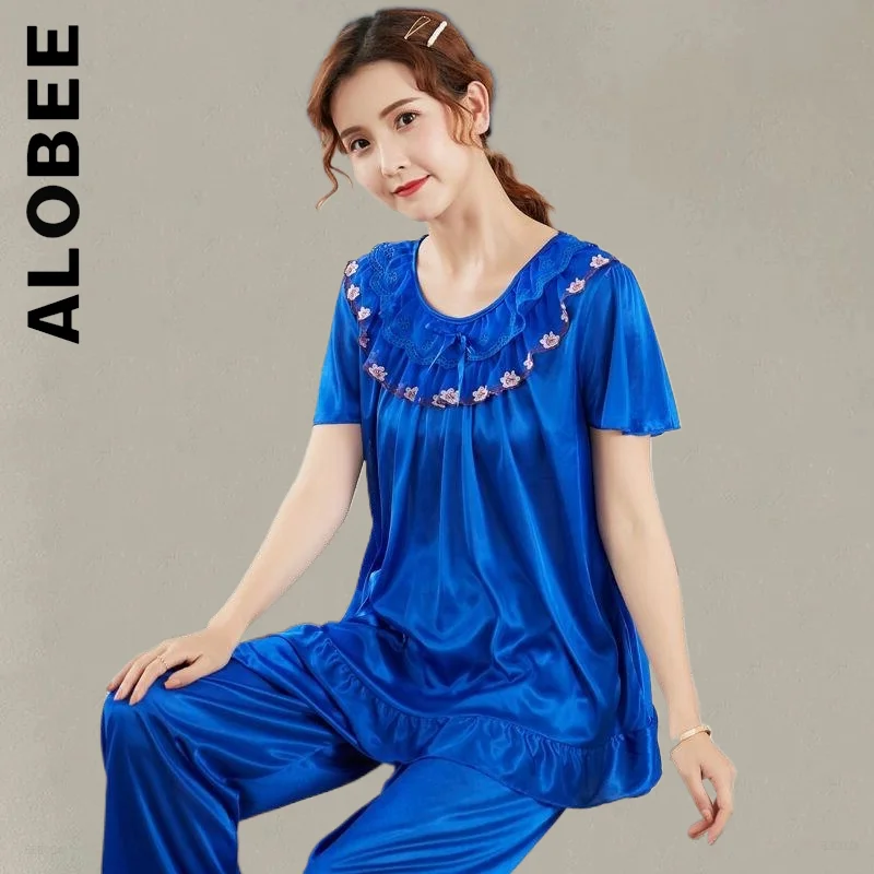 

Alobee Summer Pajamas Women Simple Homewear For Middle Age Satin Pajamas Set Loose Wear Homewear Luxury Female Clothes Home