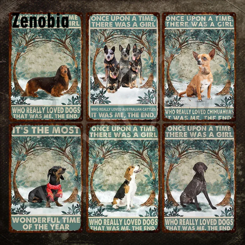 

Cute Dog Vintage Metal Plate Animal Metal Signs Tin Signs Dogs Lying Under A Tree In Winter Iron Painting for Wall Decoration