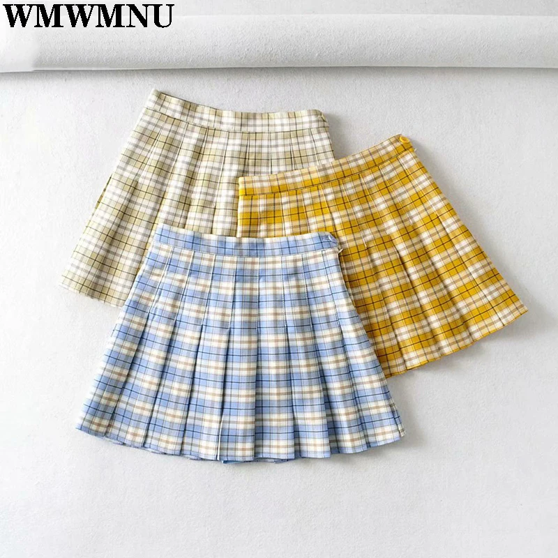 

Female Summer High Waisted Elegant Pleated Plaid Skirts 2022 Fashion Korean Kawaii Skirt Mini Woman Protect Within Pants