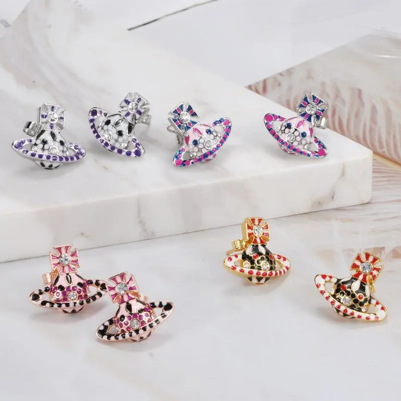 

Vivienne West queen Enamel Multicolor Paint Saturn Mask Stud Earrings For Fashion Women Jewelry Punk Style Ins Same Earrings