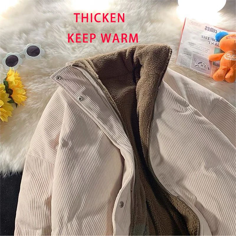 2022 Winter Women Corduroy Jacket Vintage Lamb Fleece Cotton Parkas Coat Fashion Thick Warm Clothes Loose Double-Sided Outerwear