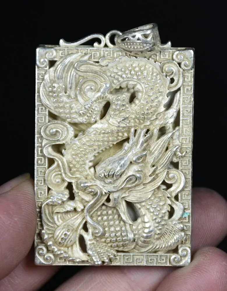 

5.2CM Rare Old Chinese Miao Silver Feng Shui Loong Dragon Play Bead Pendant