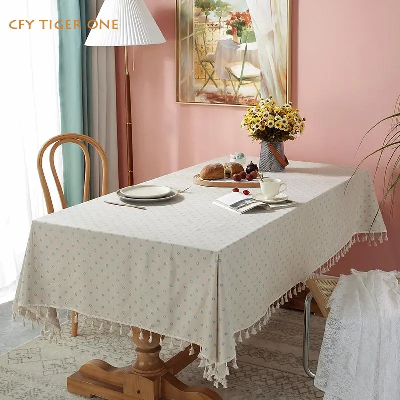 

Cotton Linen American Daisy Tablecloth for Table Pastoral Decorative Rectangular Tablecloth with Tassel Table Cover Tea Cloth