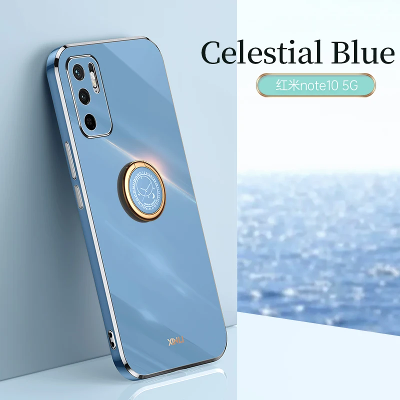 

Luxury Plating Square Ring Holder Silicone Phone Case On For Xiaomi Redmi Note10 10Pro 10Pro Max 10S 10T Case Cover
