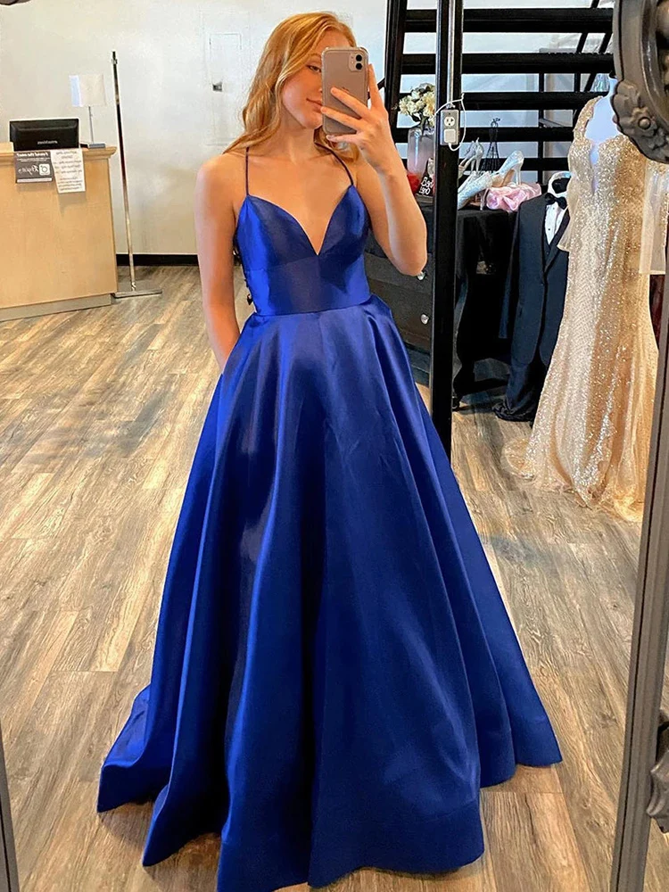 

Vinca Sunny Simple A-Line Royal Blue Satin Spaghetti Straps Long Prom Dress Sleeveless V Neck Formal Party robes de soirée
