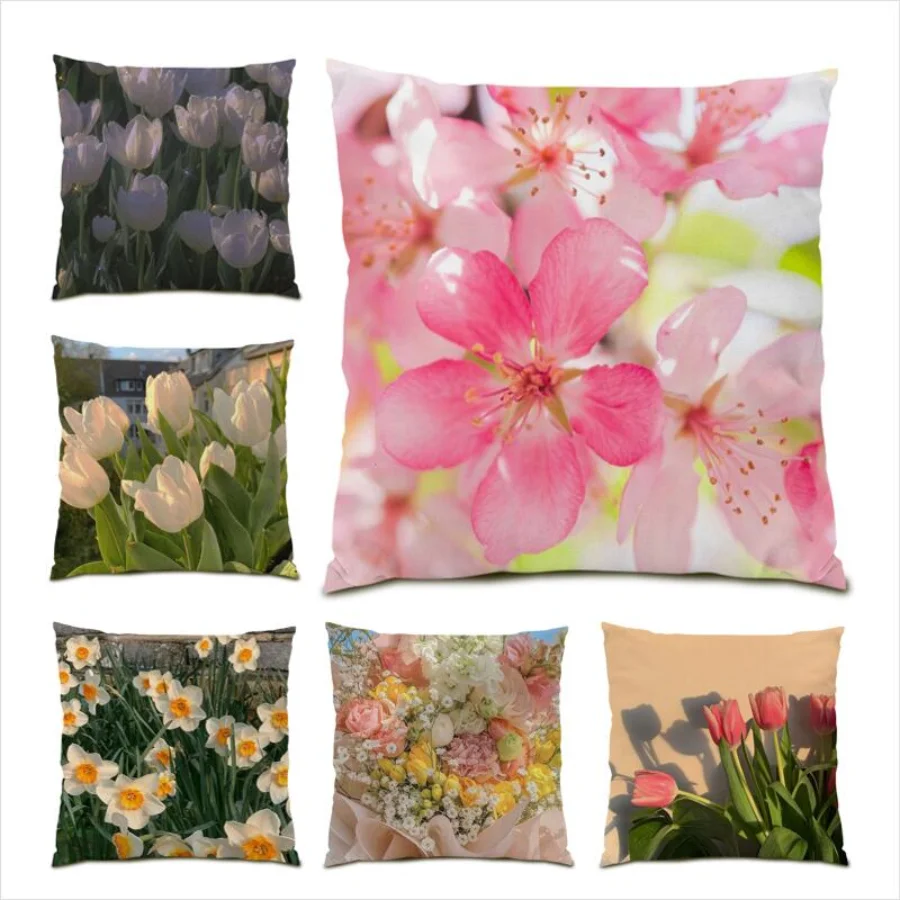 

Tulip Cushioncase 45x45 Flowers Oil Painting Throw Pillow Covers Polyester Linen Living Room Decoration Natural Gift 2023 E0829